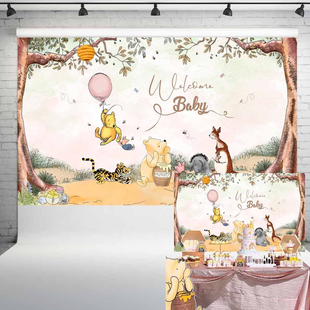 Welcome Baby Vintage Pooh Bear Backdrop Classic Winnie with Pink Balloon Baby Girl Shower Party Decorations Newborn Birthday Background 5x3 ft 167