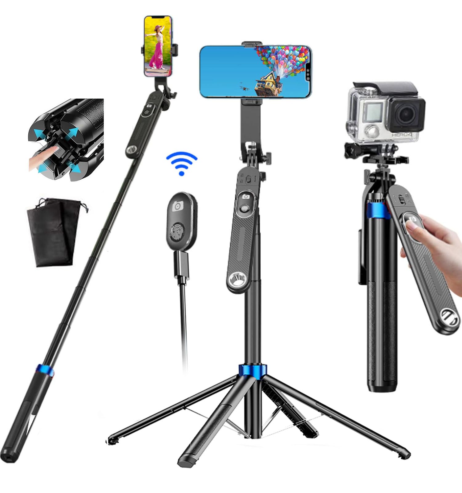 Mimiblack 71"Tripod for iphone, Selfie Stick Tripod for Mobile,iPhone Tripod Stand for Video Recording with Remote, Travel Tripod Portable Aluminum Alloy (One-click Open)