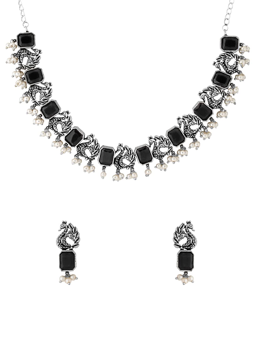 Yellow Chimes Jewellery Set for Women Silver Oxidised Black Stone Studded Peacock Designed Beads Drop Choker Necklace Set for Women and Girls (B0BB7QKXST) Amazon Price History, Amazon Price Tracker