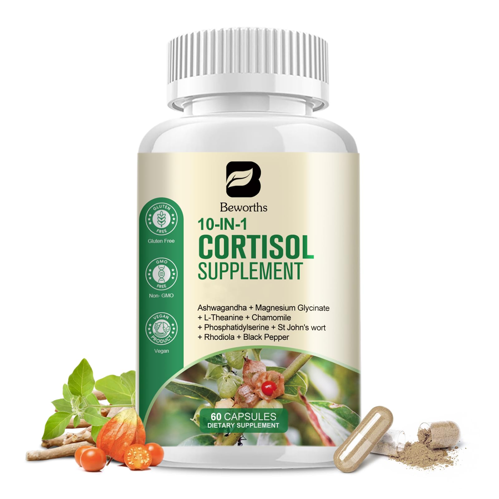 Cortisol Supplements for Women, 10-in-1 Cortisol Reducer Manager Supplements with Ashwagandha, Magnesium Glycinate, L-Theanine, Rhodiola, Non-GMO, 60 Vegan Capsules