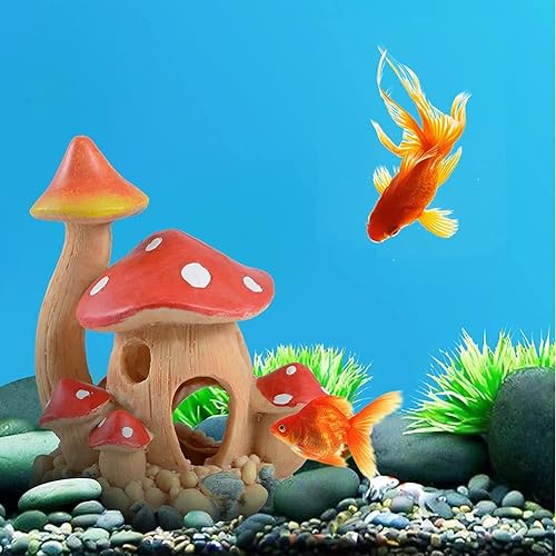 Aquarium Decorations Mushroom House Fish Tank Cave Ornament for Small Hideaway Decor Landscape Ornament for Castle Hiding Reptile Amphibian Toys Rock and Fairy Garden Decoration (Red)
