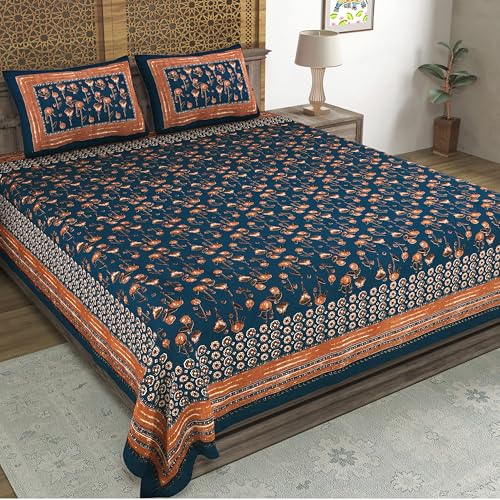 Image of BLOCKS OF INDIA Hand Block Printed 200 TC Cotton Super King Size Bedsheet(106 x 106) | Pack of 1, Batik Blue