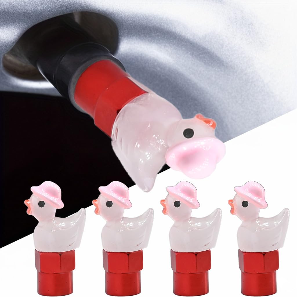 4-Pack Handmade Glow-in-the-Dark Pink Duck Valve Stem Caps for Schrader Valves Adorable Car Bike Accessory Cute Auto Decor