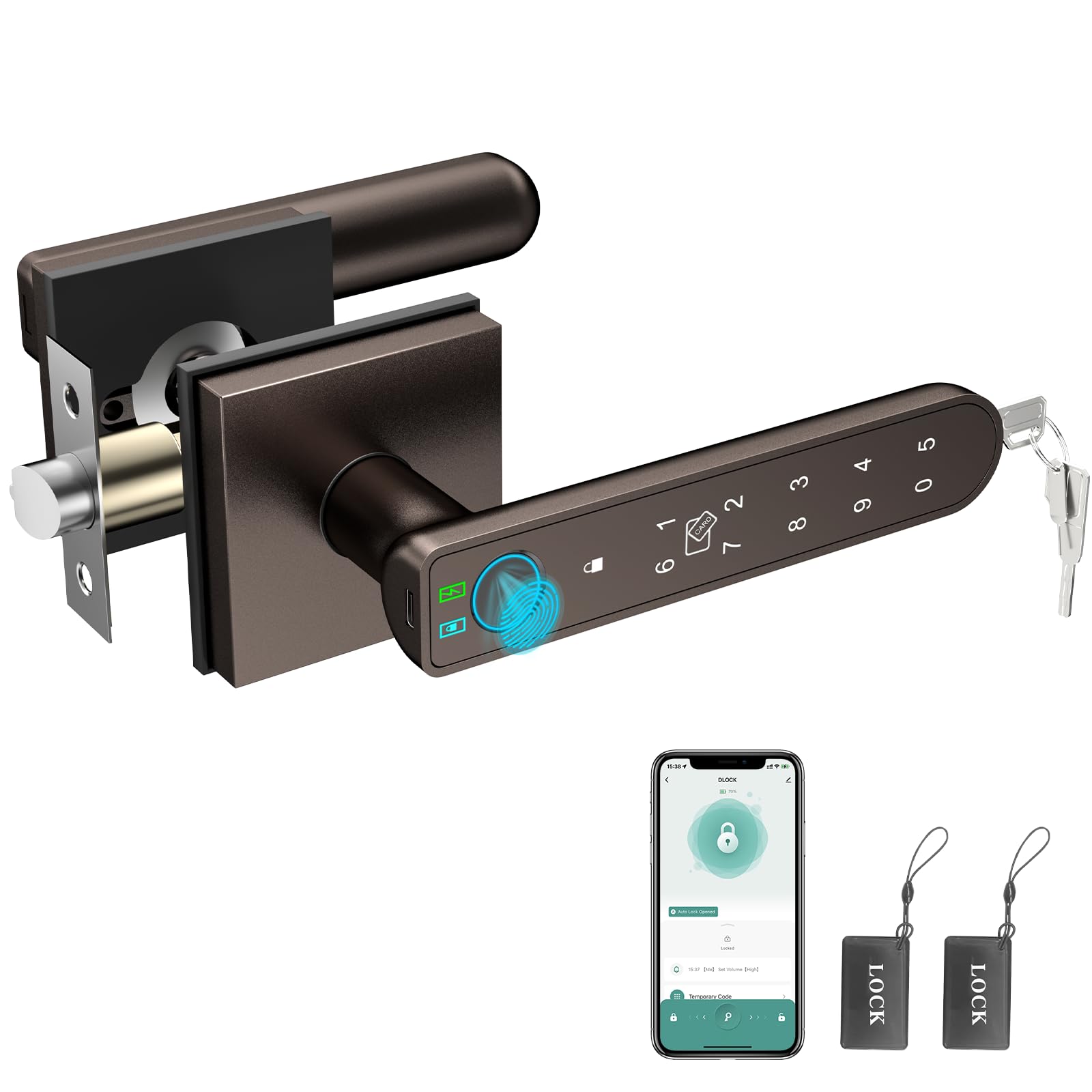 BIWIBON Serratura per porta con impronte digitali, 5 in 1, con Smart APP/impronte digitali/schede IC/password/chiavi di backup, manopola per porta con tastiera per camera da letto, ufficio,