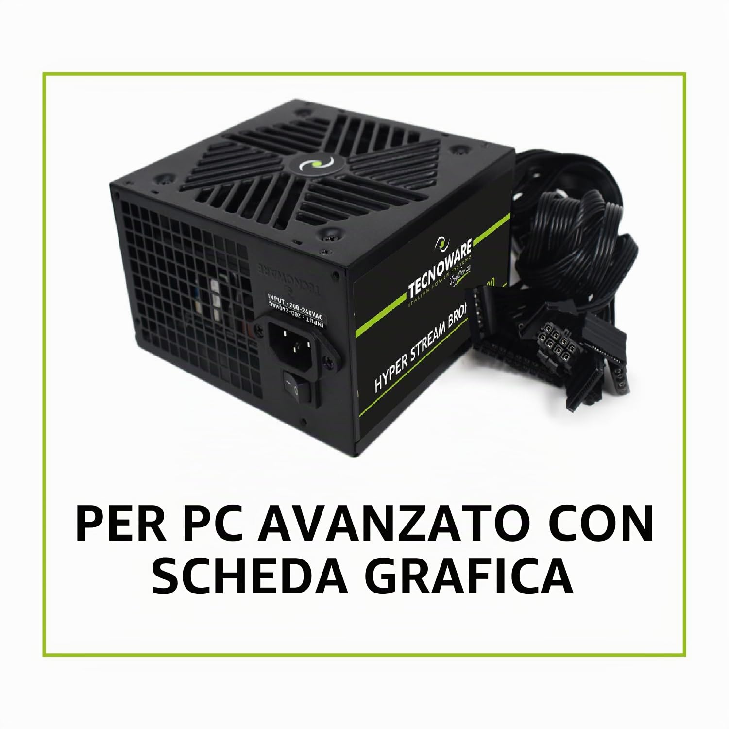Tecnoware Alimentatore ATX Hyper Stream Bronze 500W per PC, Ventola Silenziosa 12 cm, 1 connettore 24 Poli, 1 connettore 12 V 4+4 Poli, 1 connettore 6+2 PCI-E, 2 connettori Molex, 4 connettori SATA