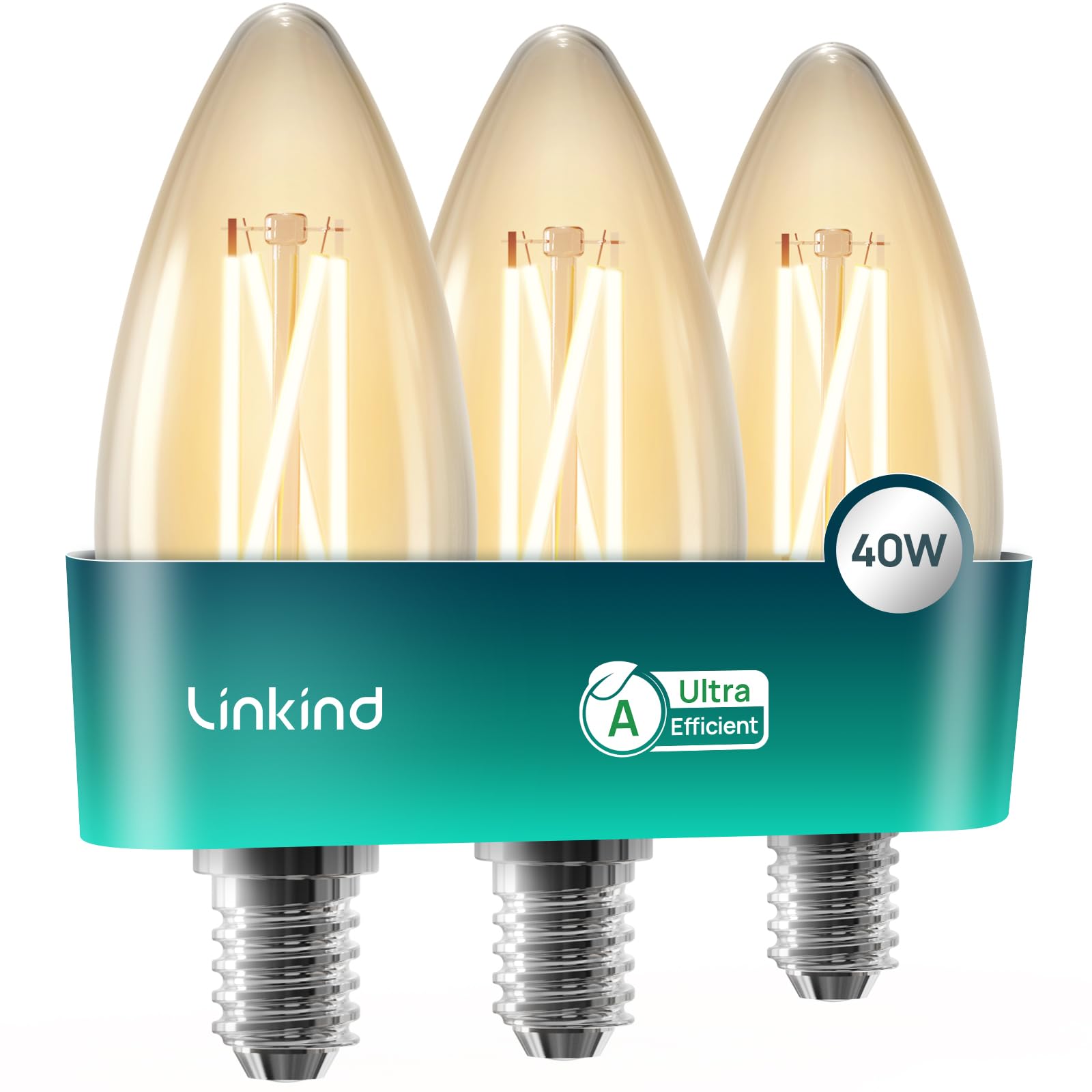 Linkind E14 LED Light Bulb, Class A SES Candle Bulb 2.2W=40W, Warm White 2700K, 470lm, Small Edison Screw C35/B35 Clear Vintage Filament Bulb, Non Dimmable, Pack of 3