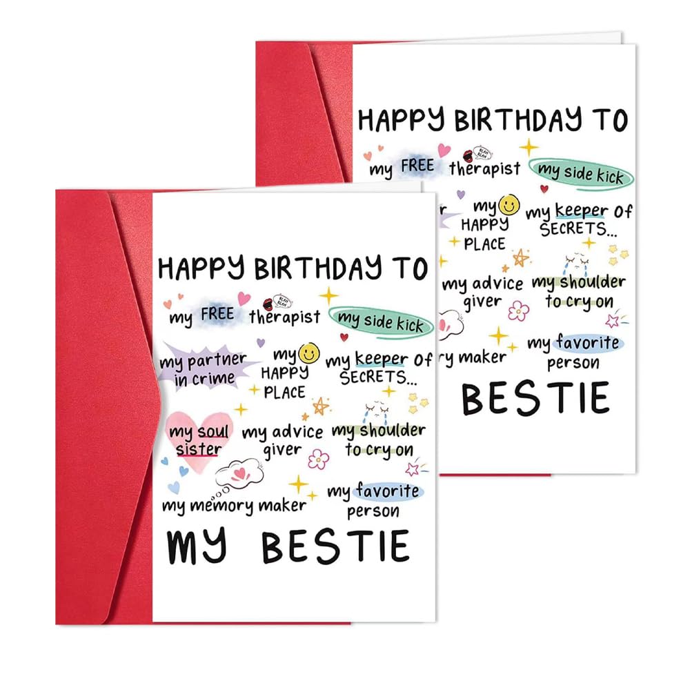 2 Sheets Funny Bestie Birthday Card with Envelope Unique Best Friend Birthday Card Female for Your Sister and Soulmate Heartfelt Birthday Gift