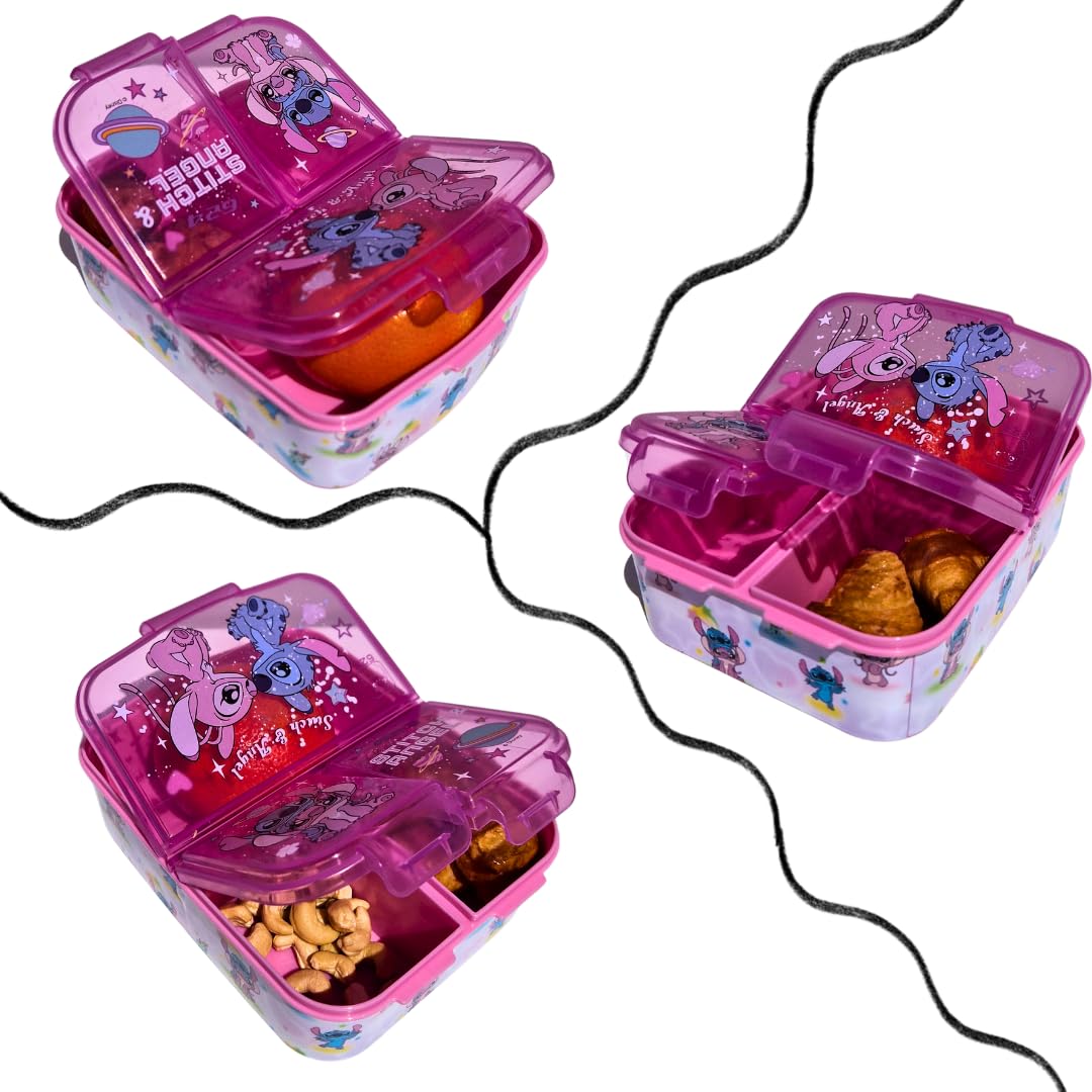 Stor, Sandwichera Stitch y Angel, Fiambrera para Niñas, Lonchera Porta Alimentos Escolar para Snacks, Almuerzos y Meriendas, con 3 Divisiones, Ligera y Fácil de Limpiar Reutilizable (Kawaii) 17x14x5Cm