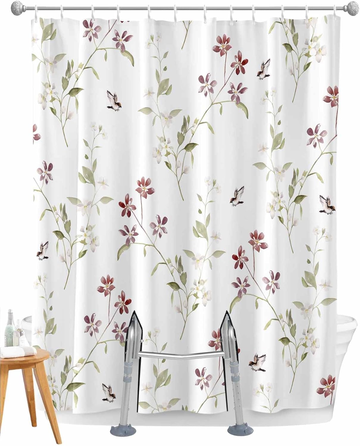 Split Shower Curtain for Transfer Bench, Flowers Floral Bath Tub Curtain Transfer Chair Bench for Bathtub 72x72 Inch Shower Curtain Set with Hooks and 2 Vertical Slits
