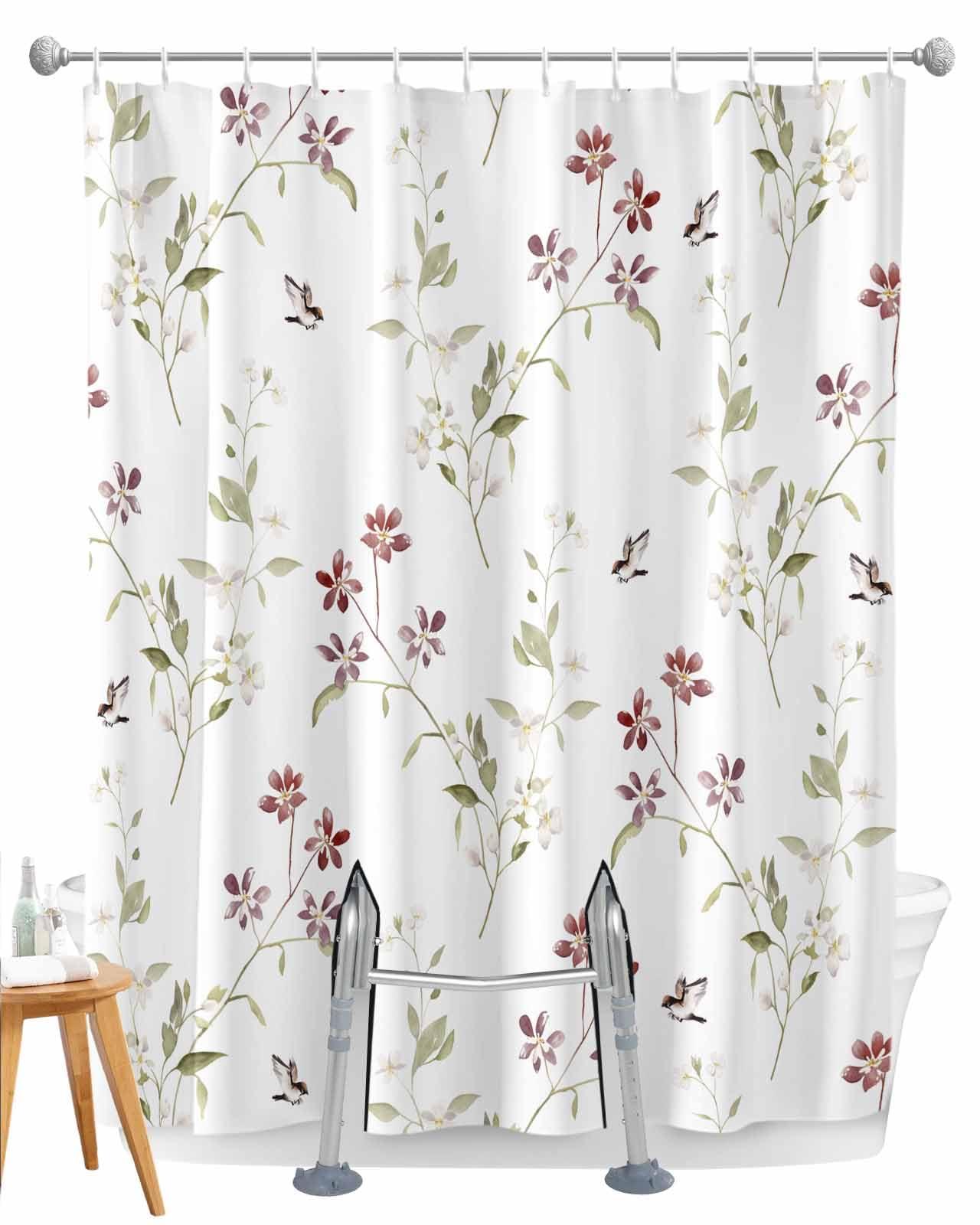 Shijiao Split Shower Curtain for Transfer Bench, Flowers Floral Bath Tub Curtain Transfer Chair Bench for Bathtub 72x72 Inch Shower Curtain Set with