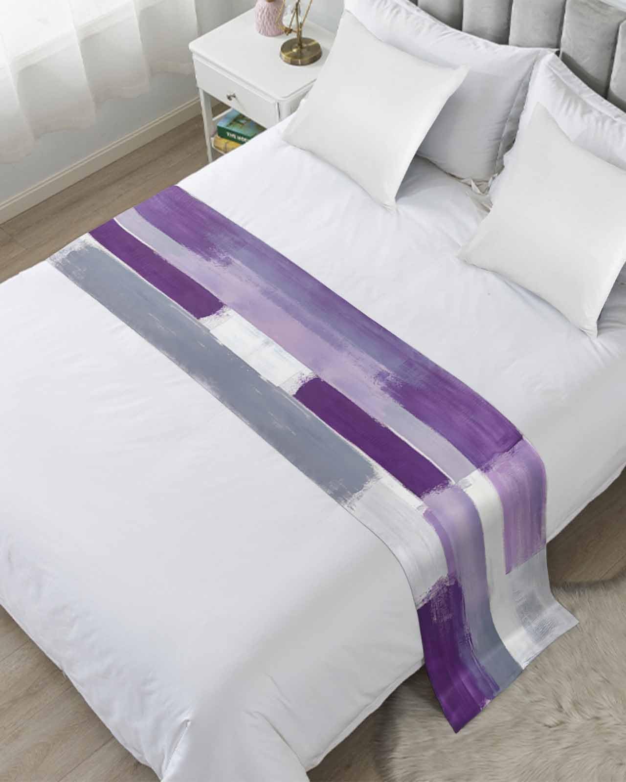 Twin Bed Runner Abstract Watercolor Geometric Bedding Runner Scarves Decorative Bed Scarf, Purple Gray Graffiti Texture Soft Bedding Scarf for Bedroom Hotel Wedding 71x20in