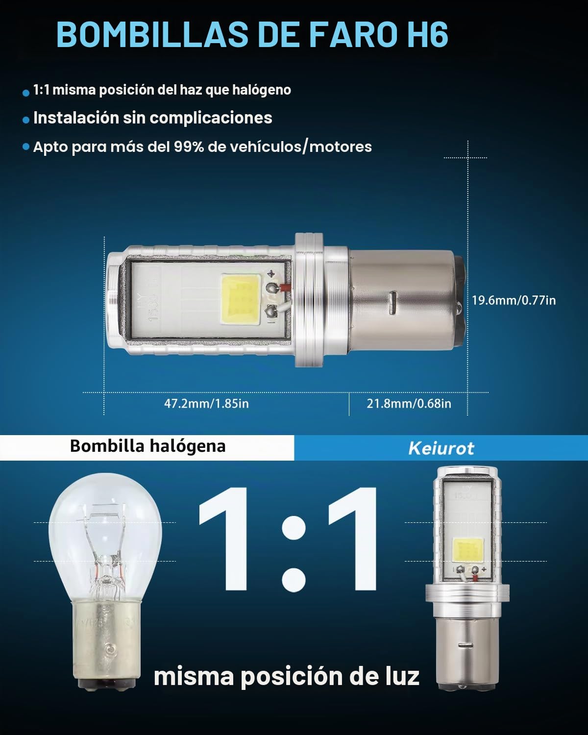 BA20D Bombilla LED H6 LED Bombilla H616 de Faro de motocicleta Hi/Lo Beam S2 Bombilla para faro de motocicleta 9-80 V 12 W COB Chips LED Luz diurna LED Blanco 6500 K, lote de 2