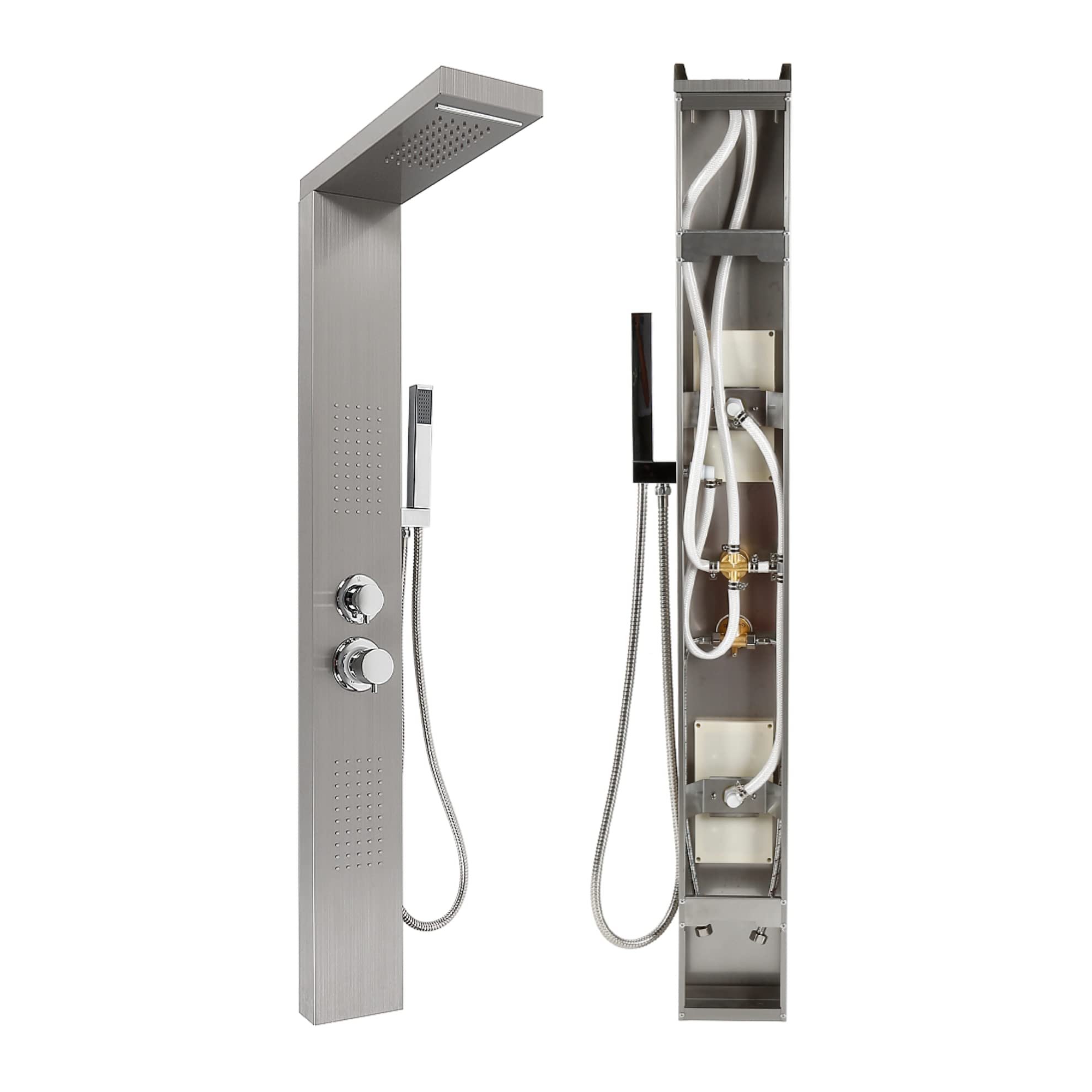 MINGYI Colonne de Douche Hydromassante, avec Douchette et Pommeau, 4 Modes de Douche, Connecteur DIN Standard 1/2'' (Argent, 15×130 cm)