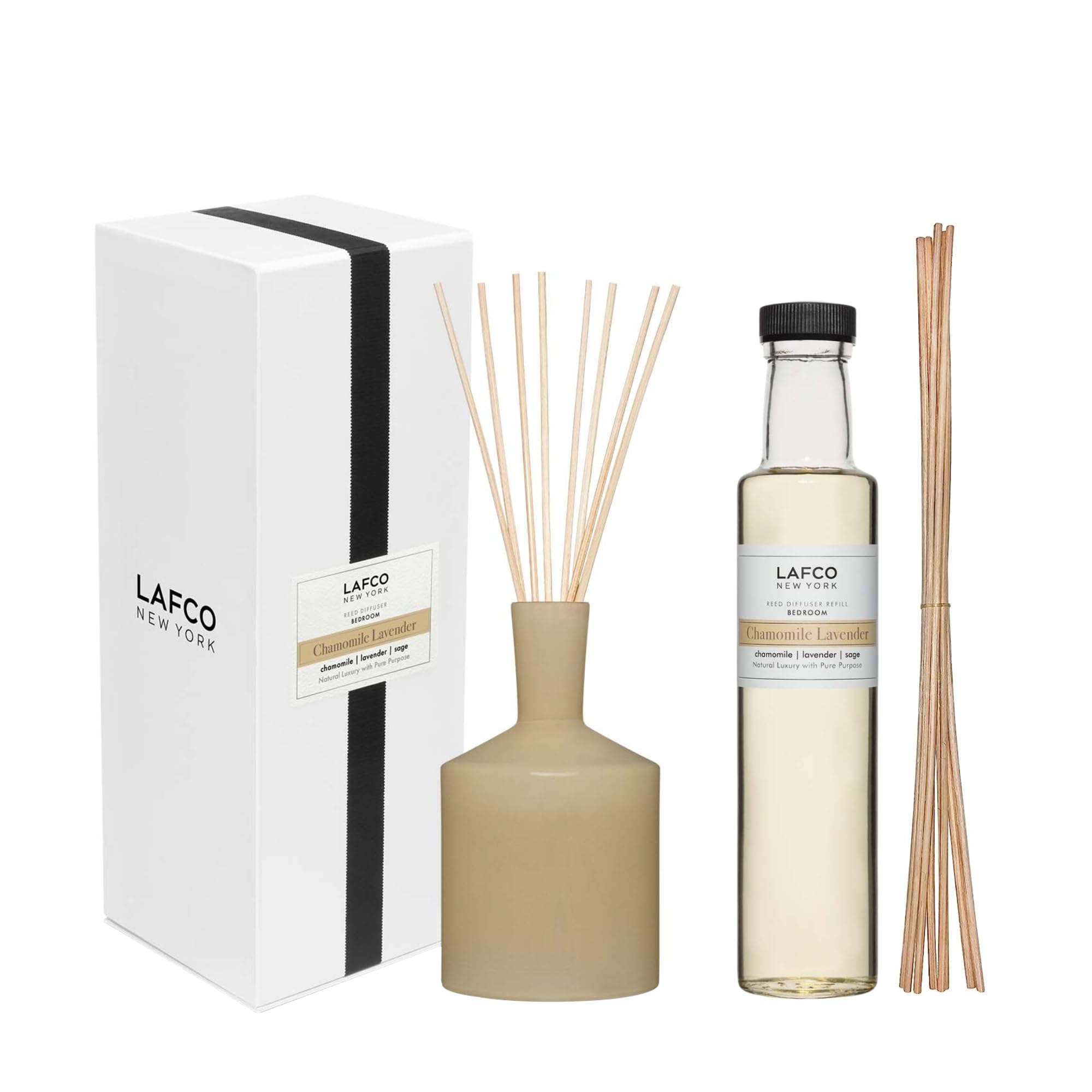 LAFCO New YorkClassic Reed Diffuser Set, Chamomile Lavender - 6 oz Starter + 8.4oz Refill - Reusable Glass Vessel - Natural Wood Reeds - Made in The USA