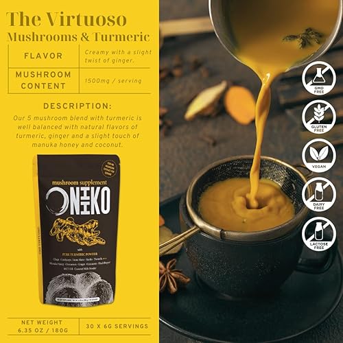 Miniatura 5 de Latte de cúrcuma de hongos con curcumina, jengibre, manuka y coco para la salud intestinal, vitalidad y antiinflamación, 1500 mg de extracto por
