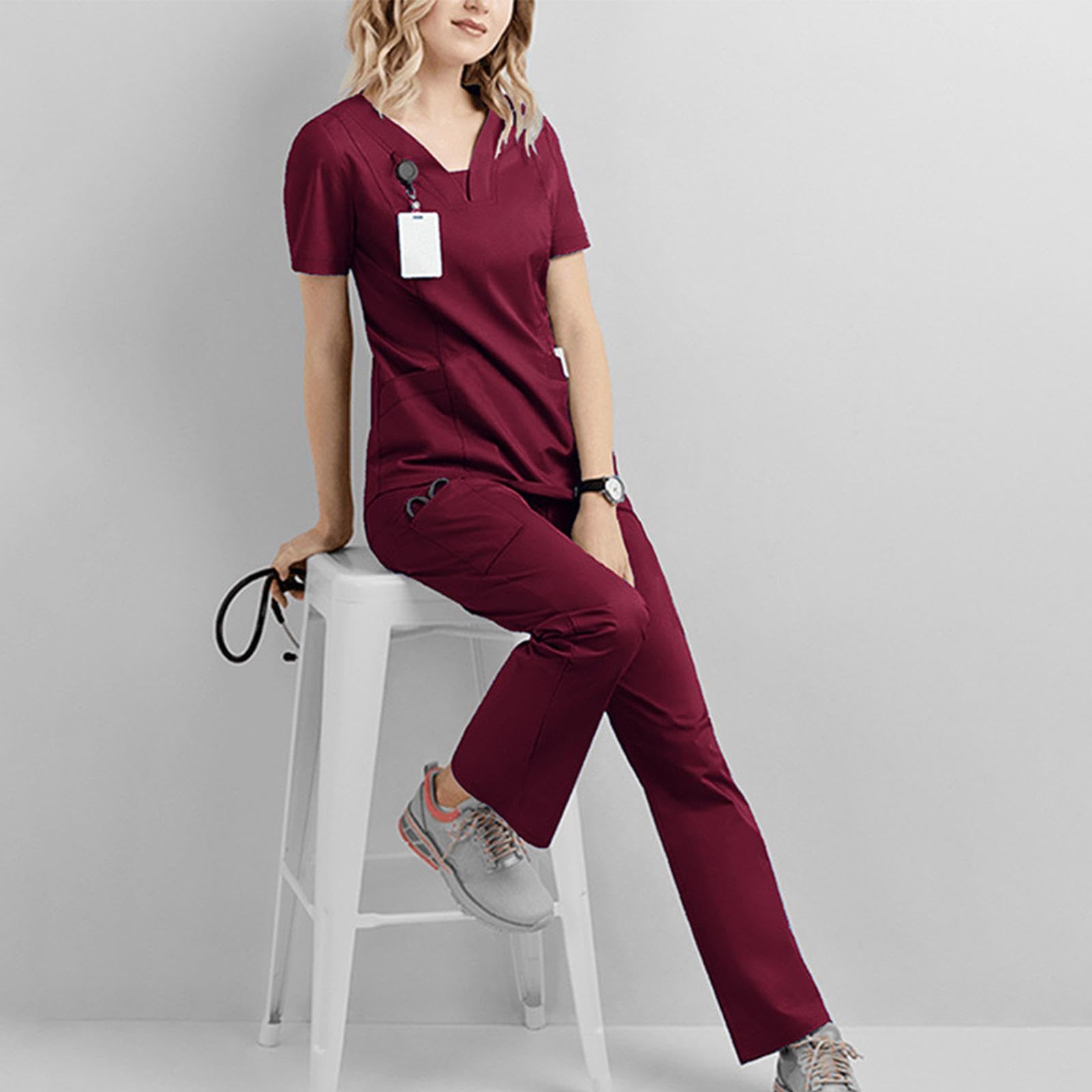 Uniforme Da Infermiera Donna Completo Lavorativo con Pantalone E Casacca Tessuto Poliestere Leggero Traspirante E Soffice Sulla Pelle Struttura con Ta