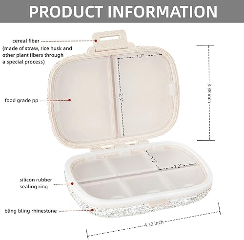 Miniatura 6 de EveryBling Organizador de medicamentos con 8 compartimentos, organizador portátil de pastillas de viaje de cristal, pequeño pastillero semanal,