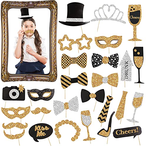 30 Pcs Accessoires de Photobooth,Cadre Photo Gonflable,Fotobox Accessoires Hochzeit Photomaton Accessoire Photobooth Accesoire Nouvelle an Convient kit photobooth (Or Noir) Cover
