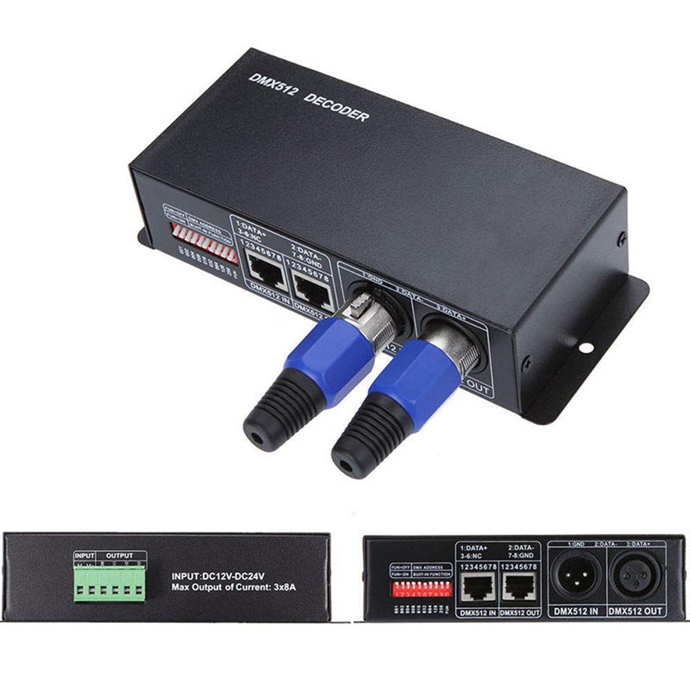 DMX Decoder, 3 canali DMX 512 Decoder DC12 V-24 V RGBW LED Controller DMX512 decodificatore per controllo professionale della luce con spina maschio e femmina