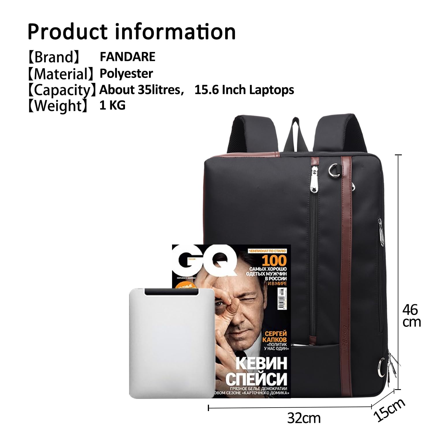 FANDARE Moda 3 In 1 Borsa a Tracolla e Zaino 15.6 Pollici per Computer Portatile - Messenger Affari, Viaggio, Scuola, Università - Impermeabile per Uomo e Donna - Poliestere Nero