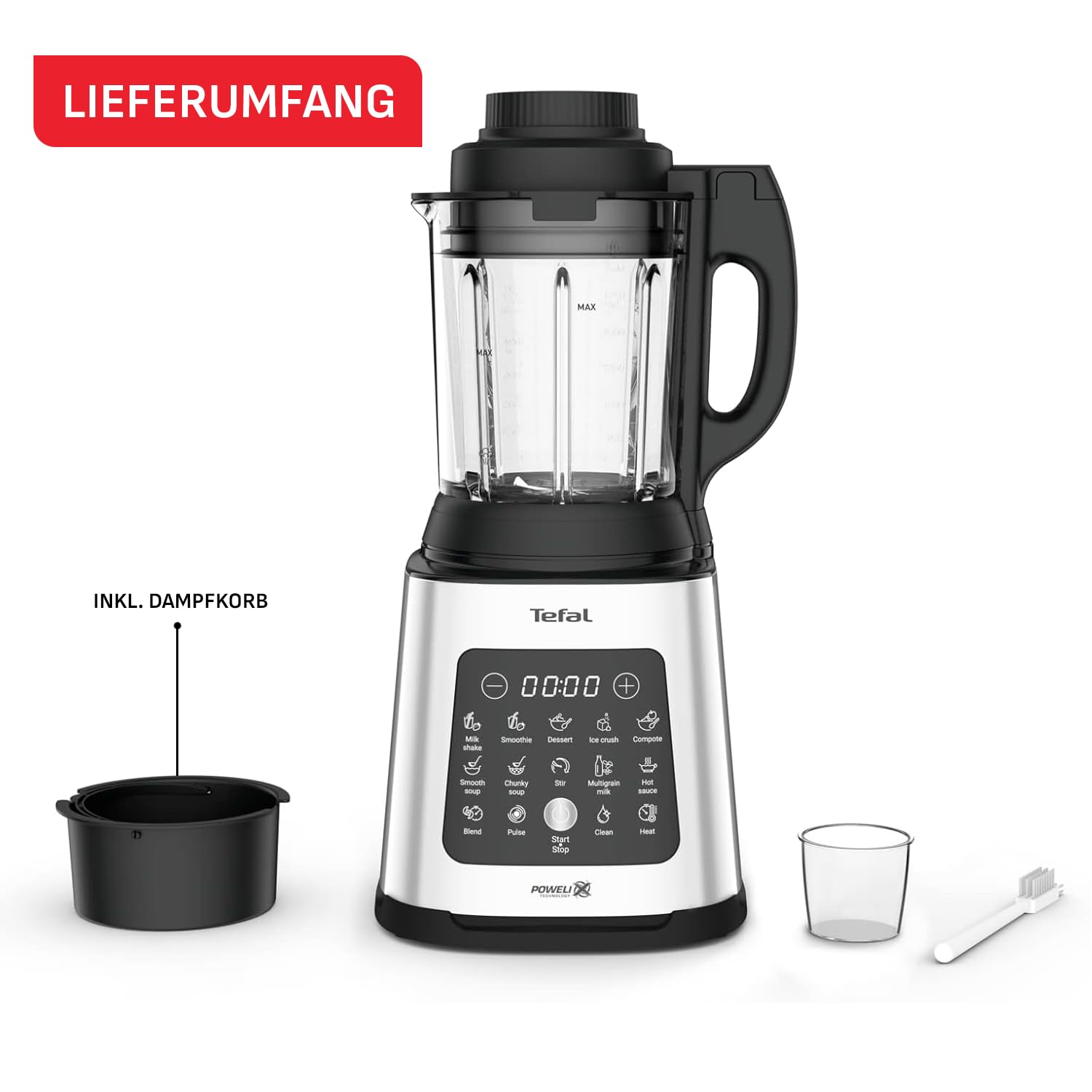 Tefal PerfectMix Cook Hochgeschwindigkeits-Standmixer, mit Kochfunktion, 1400-Watt-Motor, 10 Auto-Programme, heiße und kalte Rezepte, abnehmbare Klingen, inkl. Dampfkorb, Silber/Schwarz, BL83SD30