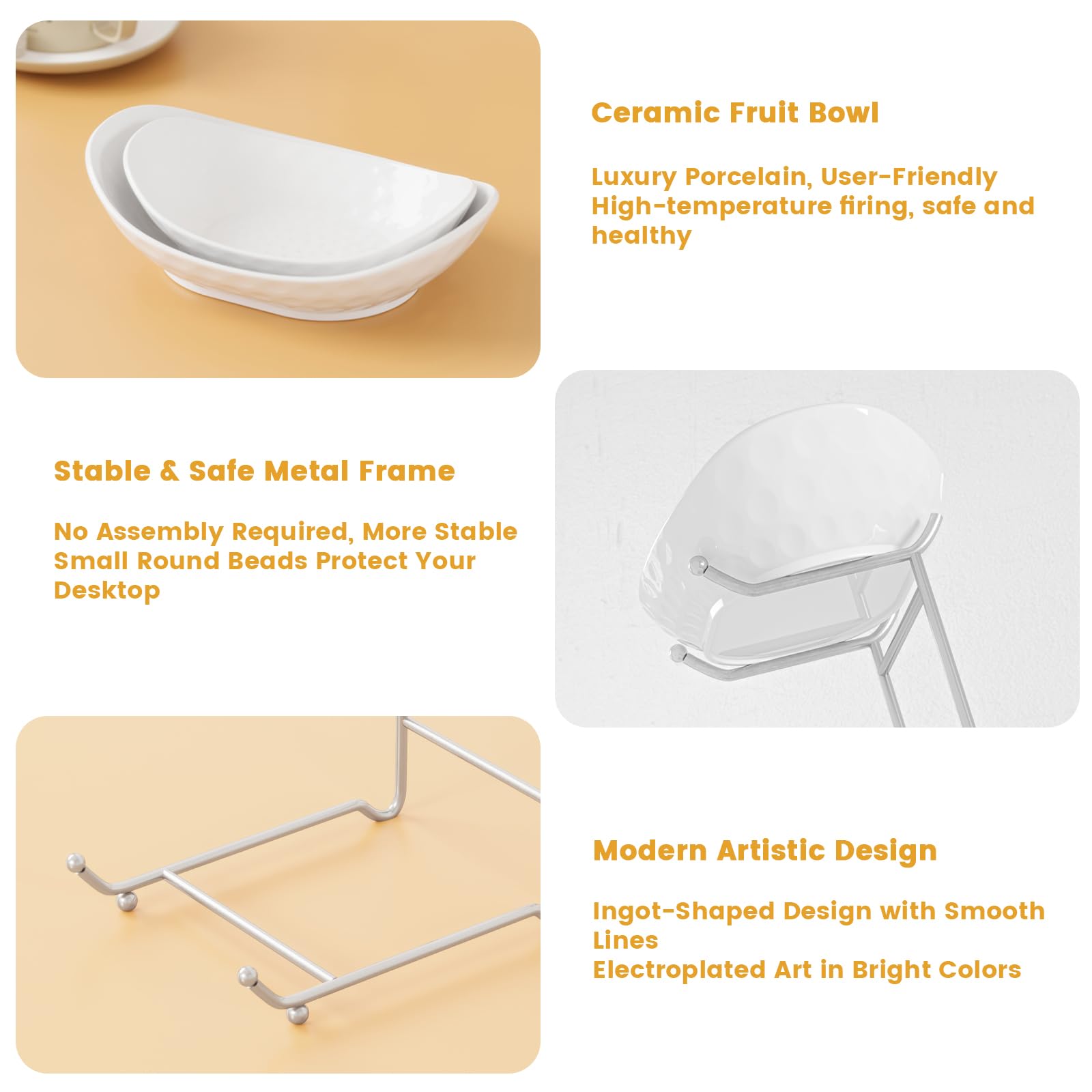 Cuenco de frutas, cesta de cerámica de 3 niveles, soporte para servir de 3 niveles con estante de metal, cuencos de cocina de porcelana para frutas, verduras, aperitivos, nueces, postres,