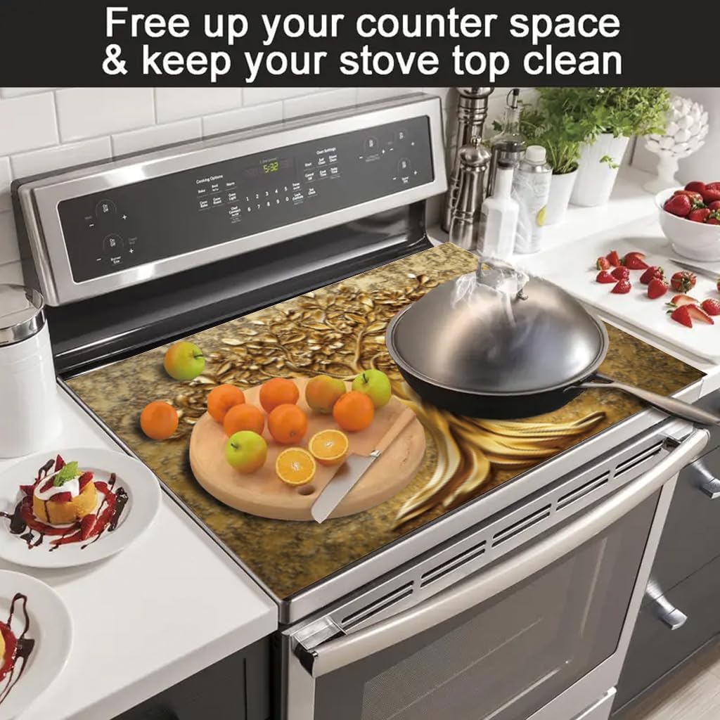 2D Flat Stove Top Cover Protector 28 x 20 Inch Gold Tree of Life Floral Cooktop Cover Elegant Botanical Kitchen Decor Glass Stove Guard Counter Mat