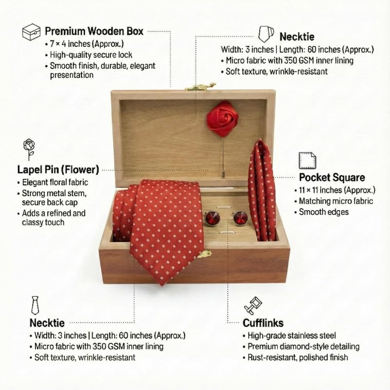 Image of Men's Necktie Gift Set with Wooden Box | Premium Tie, Pocket Square, Cufflinks & Lapel Pin | Elegant Formal Accessories Gift for Men
