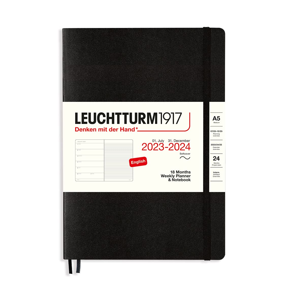 LEUCHTTURM1917 367866 Weekly Planner & Notebook Softcover Medium (A5) 2024, 18 Months, Black, English