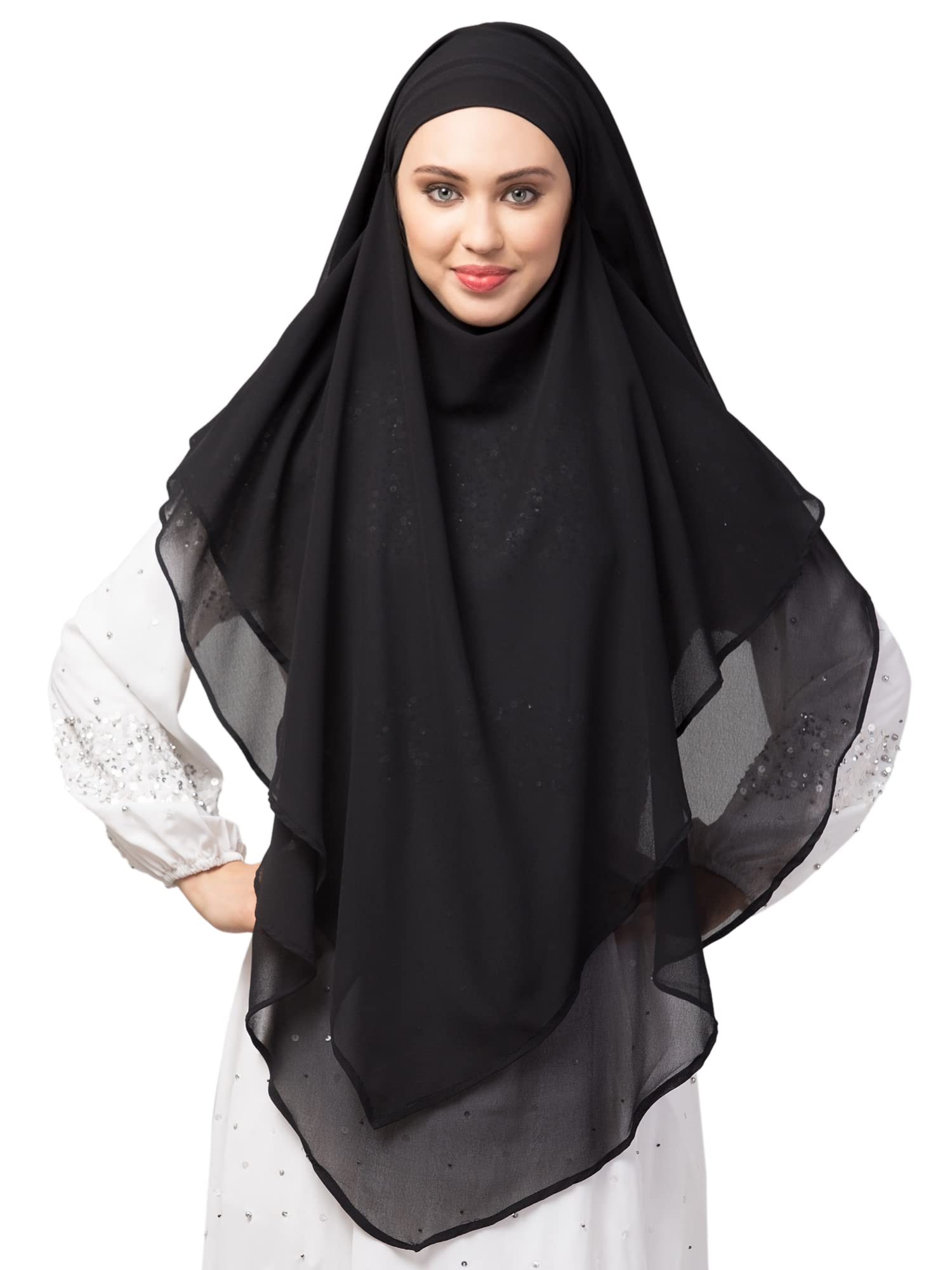 Women's Polyester Black Triangle Tow Layers Tie At Back Ready To Wear Scarf Hijab Cum Naqab, For Female