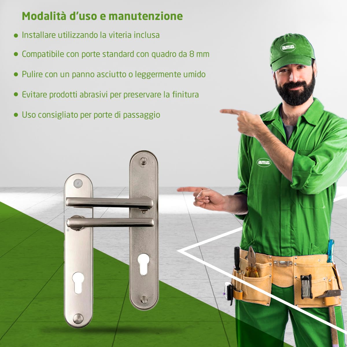Amig - Confezione da 4 set di maniglie con piastra in acciaio per porte - mod. MAI PB85-240 x 45 mm – Quadretto da 8 mm – Design elegante e semplice – Con Bocallave – Alluminio nichel spazzolato
