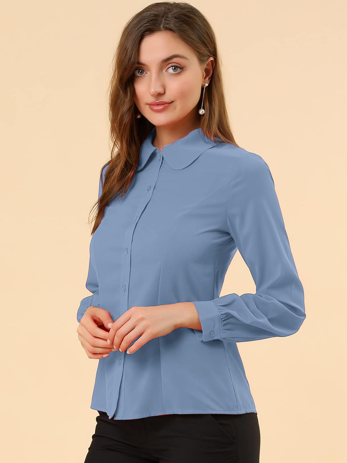 Allegra K Women's Button Up Shirt Career Peter Pan Collar Long Bishop Sleeve Blouse - Image 2