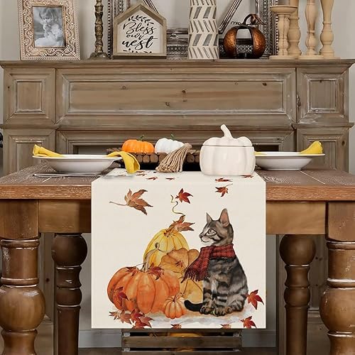 Miniatura 2 de Camino de mesa de otoño, calabazas, gato, hoja de arce, cosecha de otoño, decoración de Acción de Gracias de temporada para el hogar, cocina,