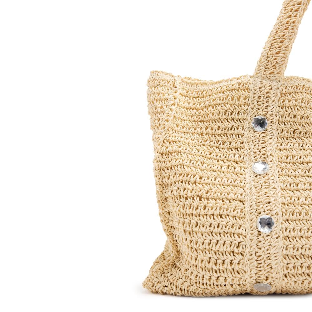 GIOSEPPO Sac fourre-tout LOMIRA pour femme | Raphia avec ornements strass dans un ton naturel | Mode plage été | Fermeture éclair et poche intérieure | Sac bohème pour usage quotidien et voyage,