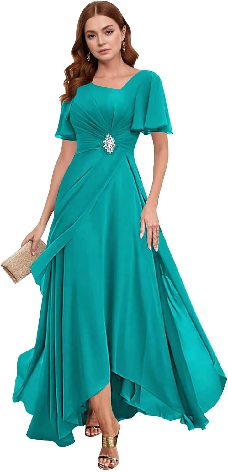 Ankle-Length Mother of The Bride Dresses for Women Chiffon Ruched Beaded A-Line Formal Wedding Guest Dress