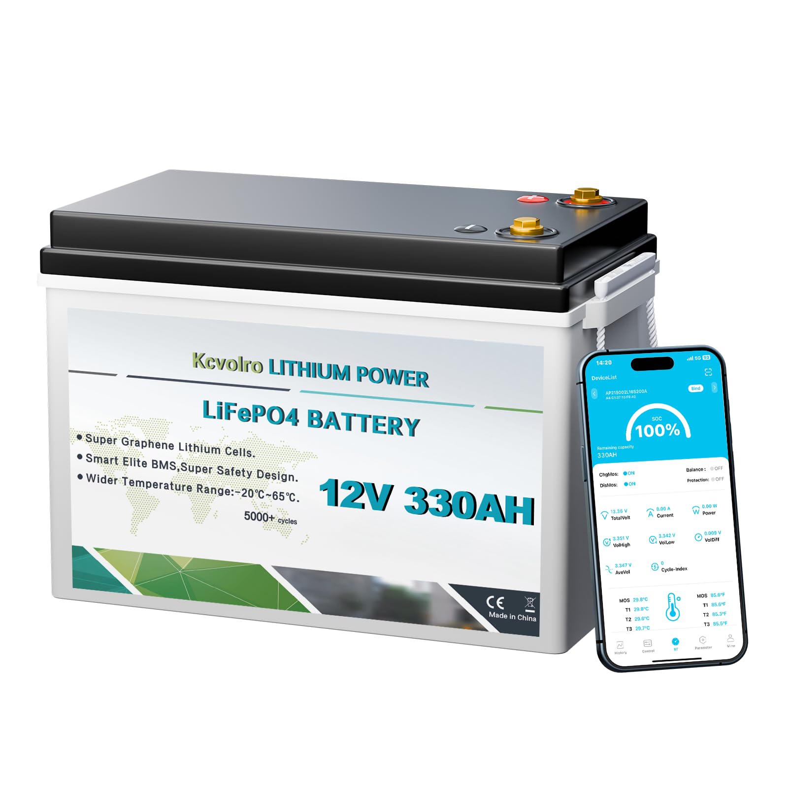 LiFePO4 - Batería de litio (12 V, 330 Ah, vigilancia por aplicaciones, 200 A BMS, batería de ciclo profundo para autocaravanas y sistemas solares, barcos y caravanas)