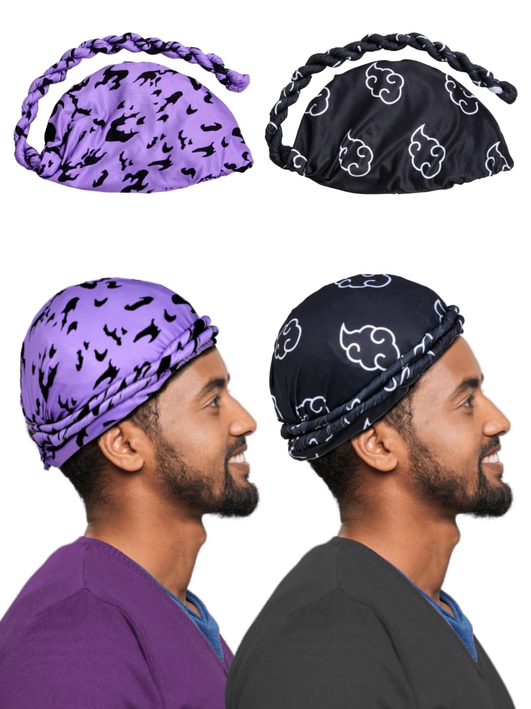 Anime Turban for Men - Satin Hair Wrap Head Scarf Halo Lined Stretch Head Wraps Wave Cap Durag with Long Twisted Straps