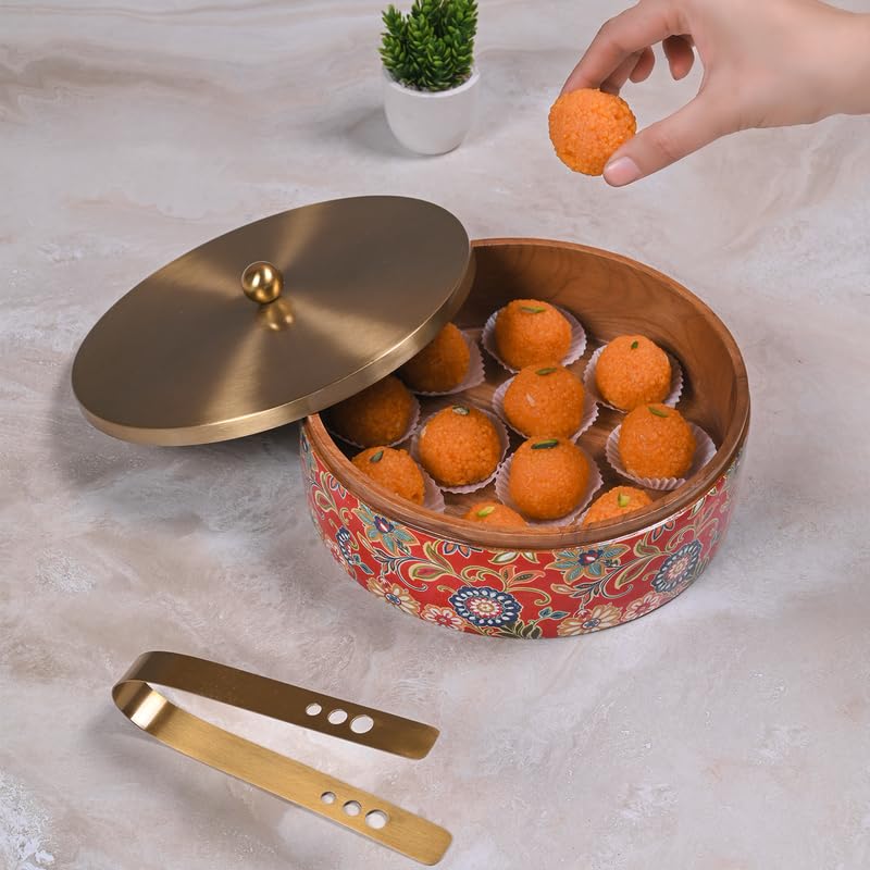Image of Wooden Chapati Box for Kitchen - Casserole for Roti with Stainless Steel Brass Lid | Wooden Chapati Box with 1 Tong | Traditional Kitchen Organizer - Royal Red & Golden (Printed)
