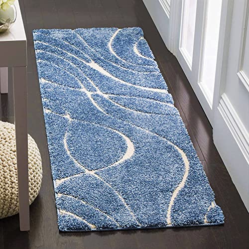 Image of (Pack of 2 Geometric Wave Shaggy Carpet for Living Room, Bedroom, High Low Design Finish Microfiber 2 in Pile High, 1.6x5 Feet Runner Royal Blue|Ivory Color