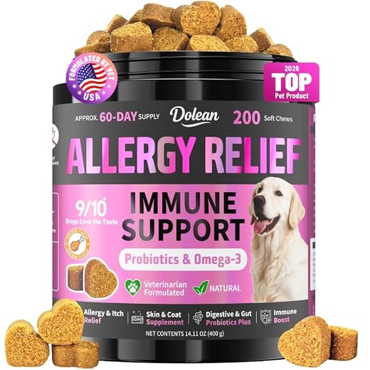 Dog Allergy Chews, Dog Allergy Relief for Itching Skin, Paw Licking, Yeast Relief, Hot Spots, Itchy Ears & Seasonal Allergies, Immune Support– with Colostrum, Probiotics – Chicken Flavor (200ct)