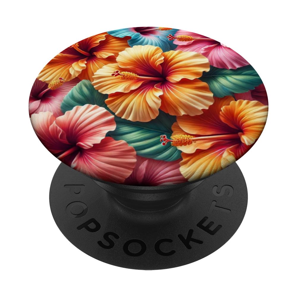 Hawaiian Hibiscus Tropical Flower Pattern, Hibiscus Patterns PopSockets Swappable PopGrip, Black