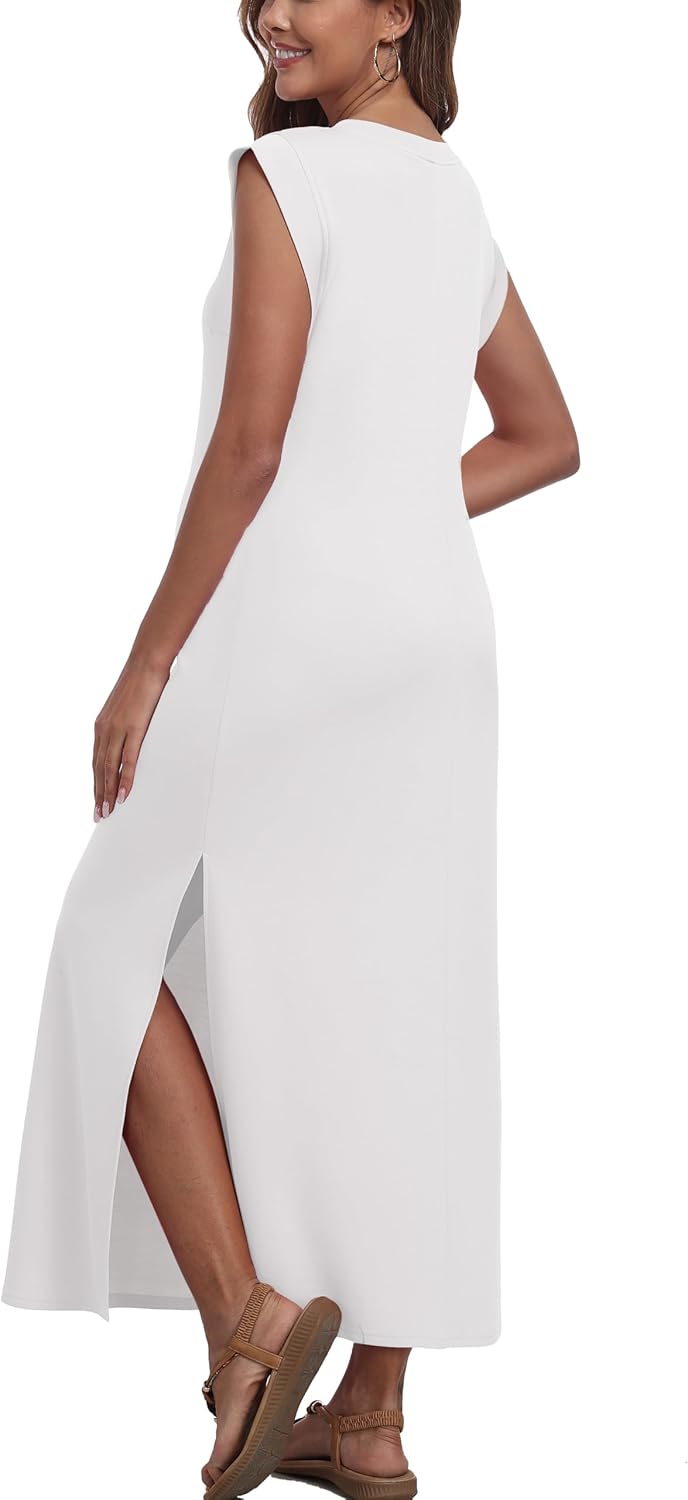 Summer Sleeveless Maternity Dress, Casual Loose Split Wrinkle-Free Long Maxi Dress with Pockets