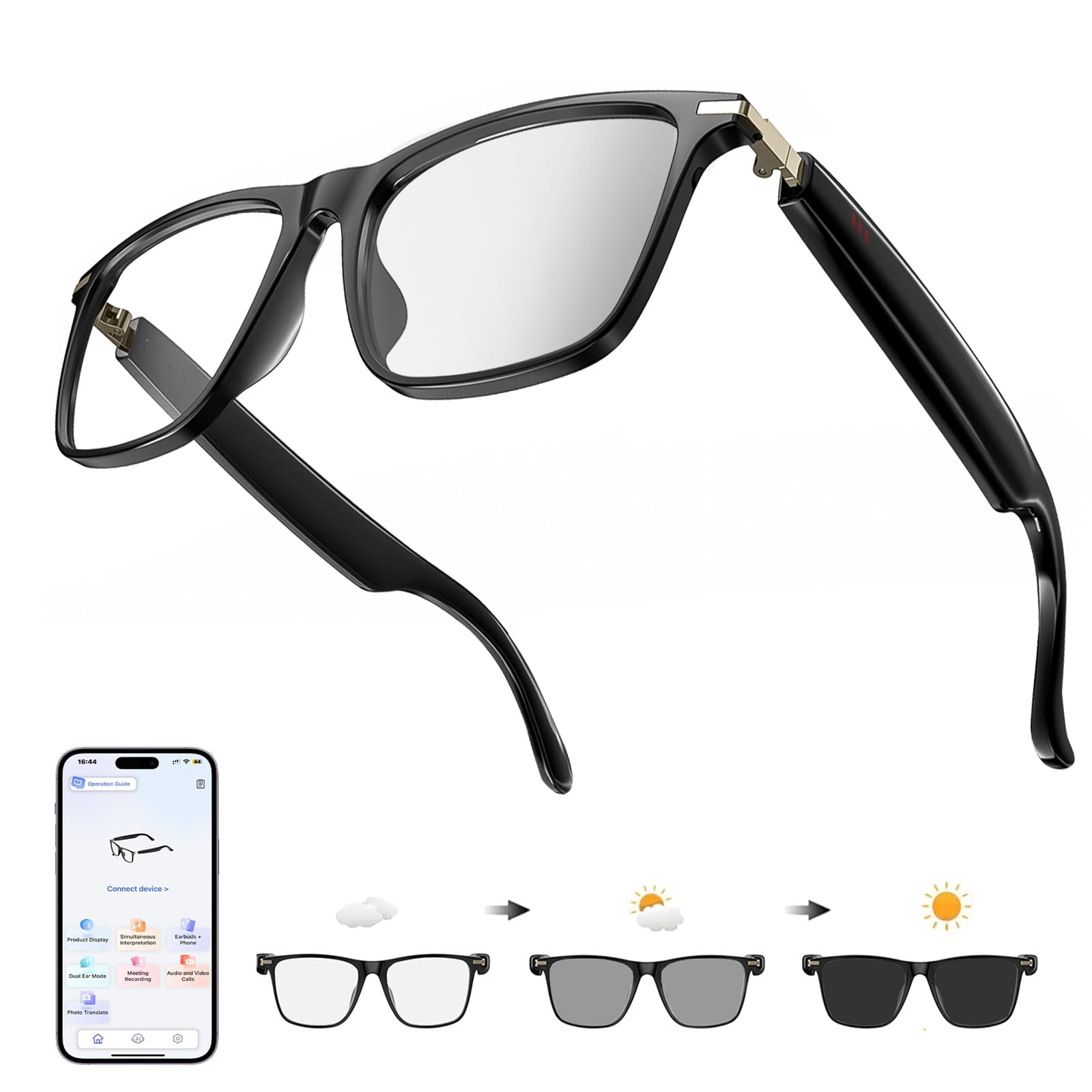 Shovira AI Translation Smart Glasses Pro with 138 Languages, Bluetooth Glasses Compatible with ChatGPT, Photochromic Lens with Open-Ear Speakers for Men Women, for Travel, Business, Driving