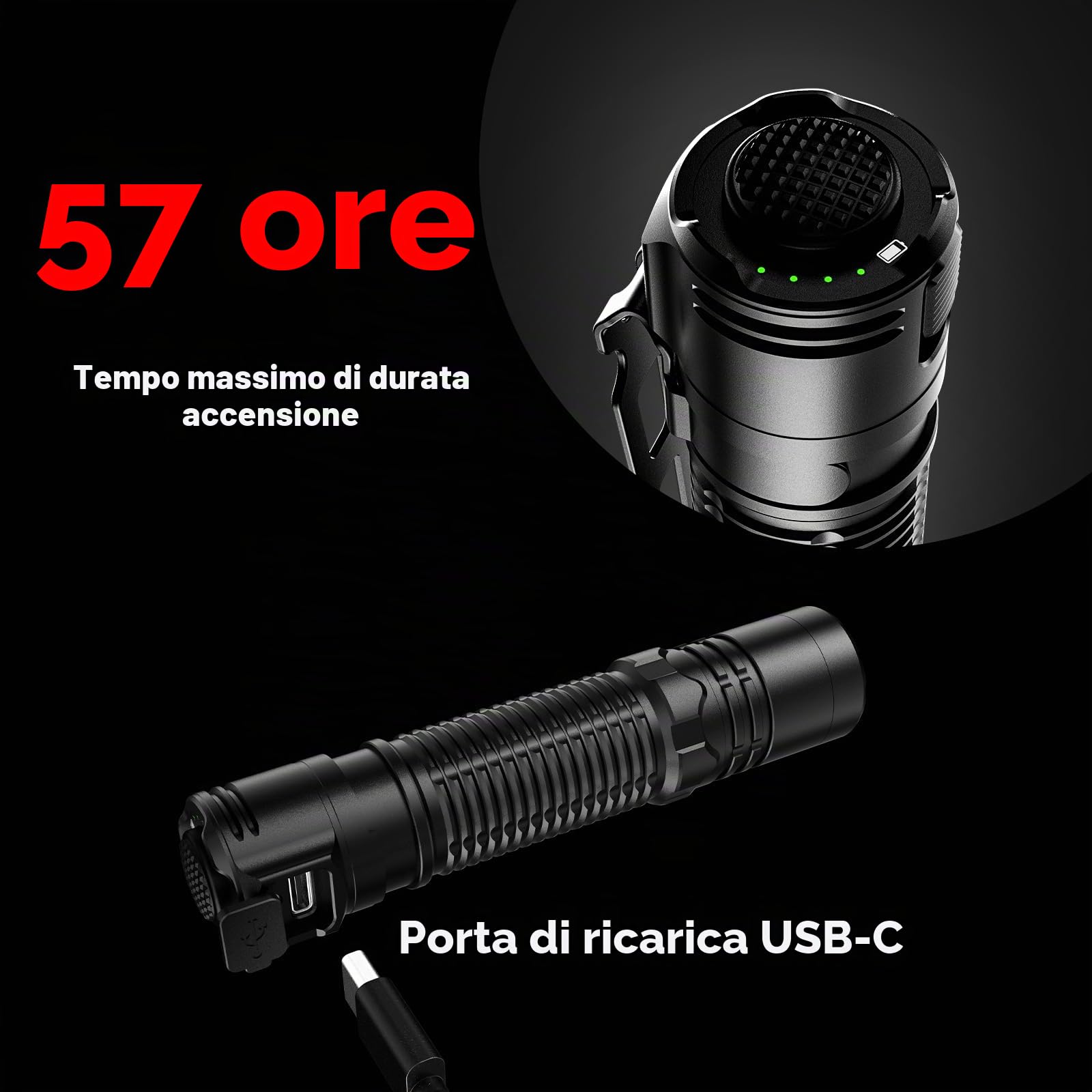 AIMWIN Torcia Elettrica Ricaricabile Tattica ET4 EDC 3500 Lumen Portata 380m 4 Livelli di Luminosità Modalità Search/Turbo Istantanee Pulsante Posteriore USB-C Ricarica Rapida Torcia Compatta