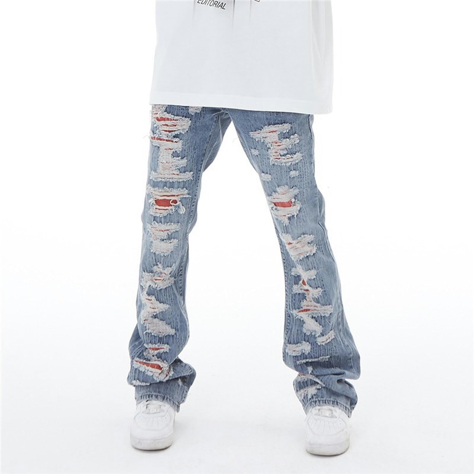 Jeans High Street Fake Hole da Uomo, Pantaloni Svasati con Bordo Grezzo - Blu - 3XL