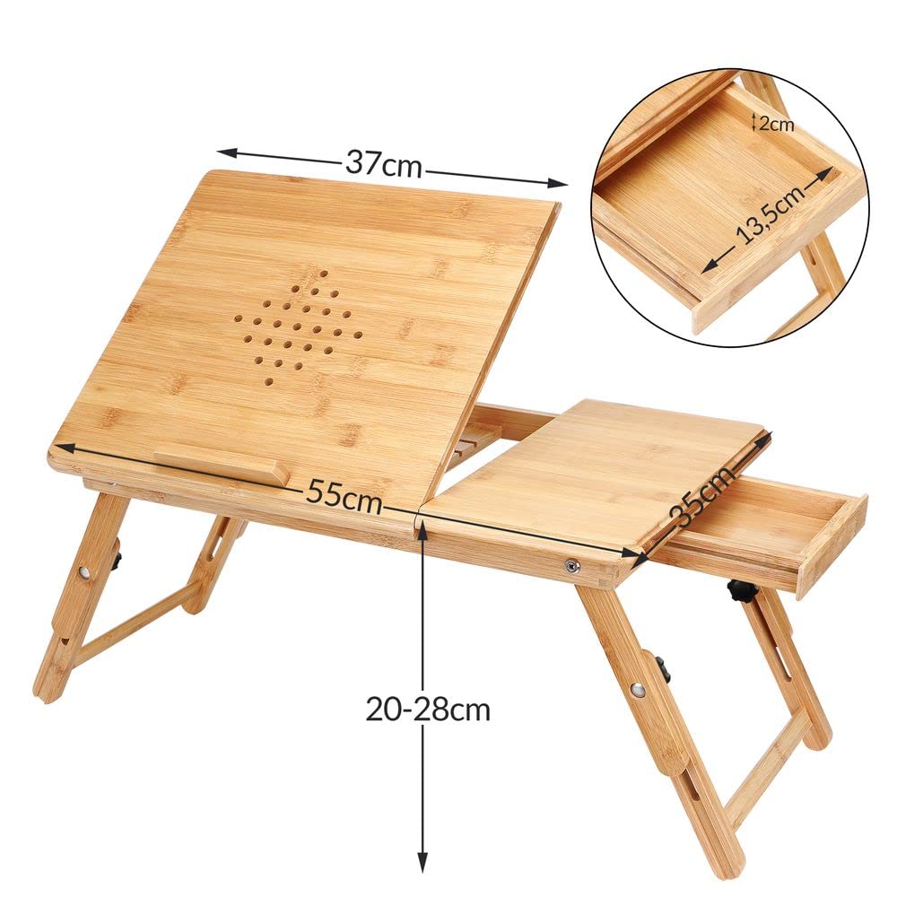 CASARIA® Table de lit Pliable Support Ordinateur Portable réglable inclinable Bambou Bureau de lit tiroir de Rangement