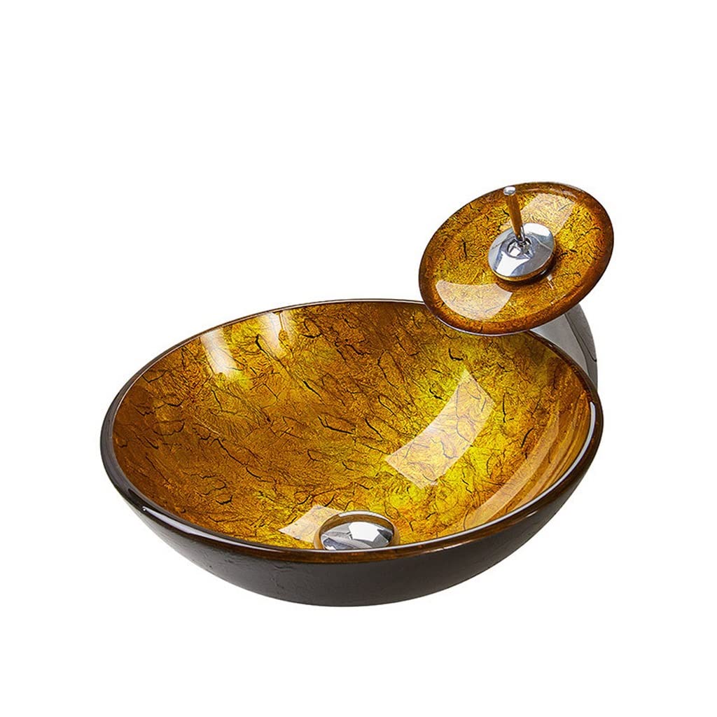 ADERFETBI Bathroom Sink Bathroom Vessel Sink Modern Art Simple Tempered Glass Round Countertop Bowl(Sink set)