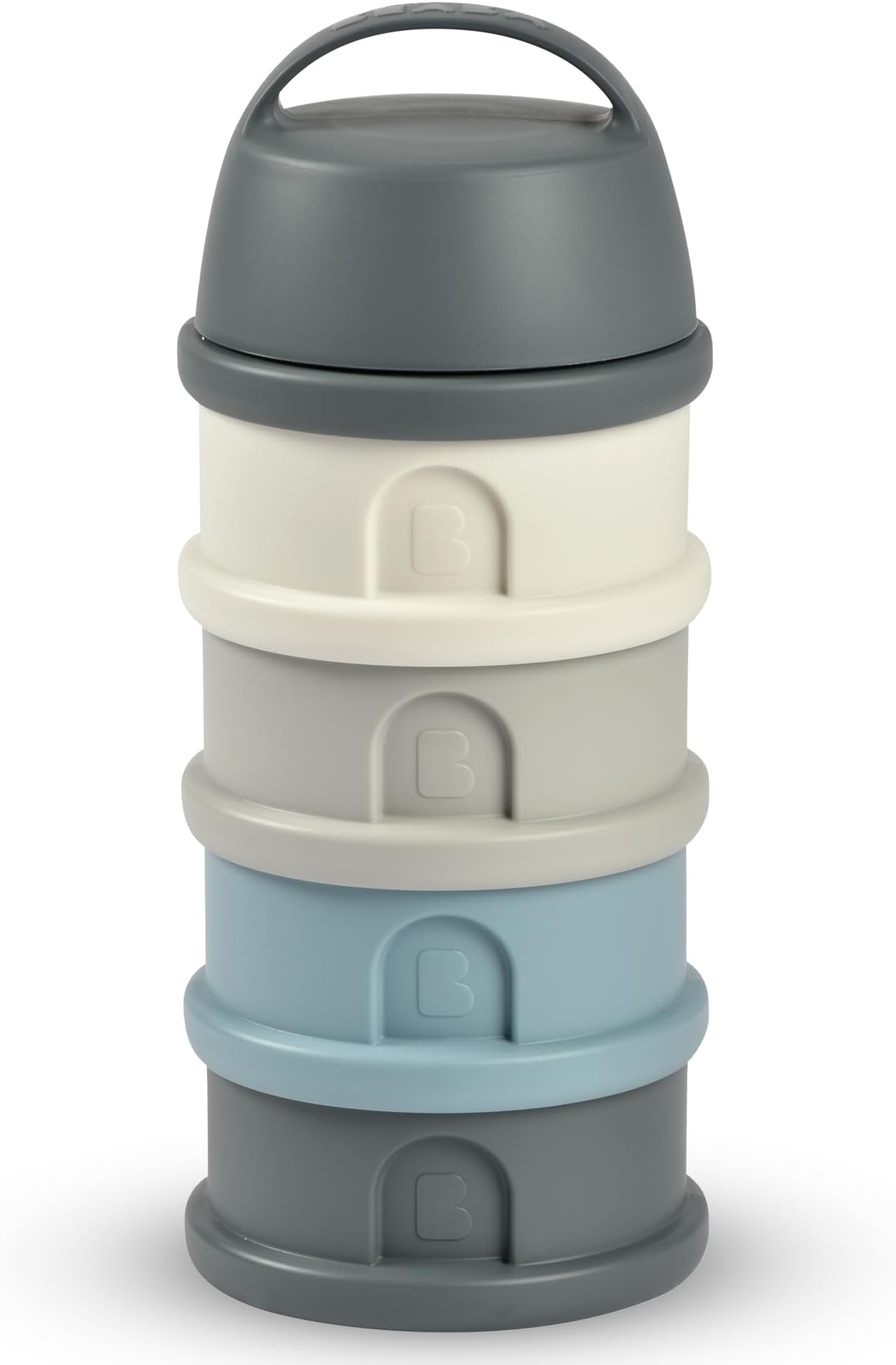 BEABA, Stackable Milk Dispenser, 100% Hermetic, 4 compartments, Made in France, Large Capacity, Evolutive use, Mineral Grey/Blue