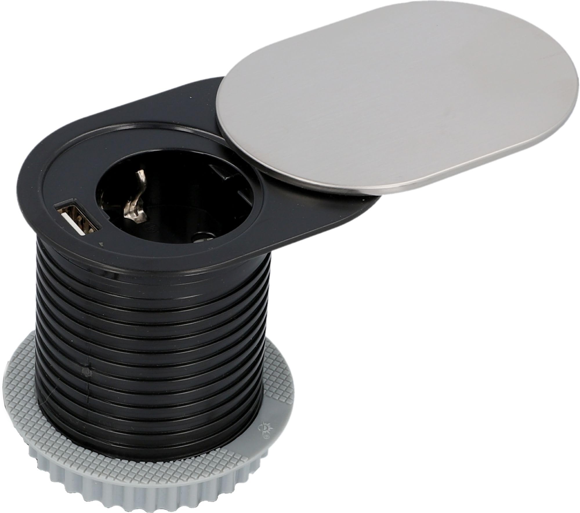 UNITEC Presa da incasso per piano da tavolo, presa da tavolo, 1 presa Schuko + 1 USB, dimensioni compatte, facile installazione, protezione tramite coperchio scorrevole in acciaio inox