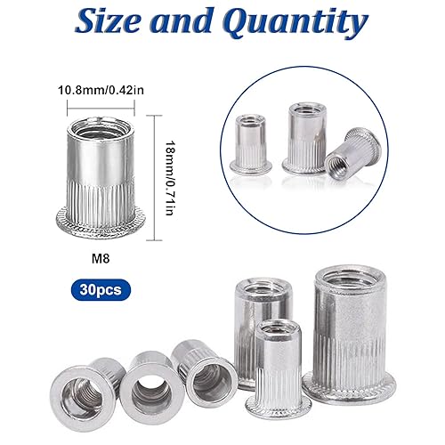 Miniatura 2 de weideer 30 tuercas de remache M8, tuercas de remache de acero inoxidable 304 tuercas de remache de cabeza plana roscadas Nutsert